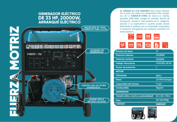 Generador eléctrico de 33HP,20000W Arranque eléctrico