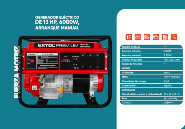 Generador eléctrico de 13HP, 6000W arranque manual
