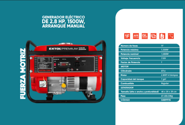 Generador eléctrico de 2.8, 1500W arranque manual