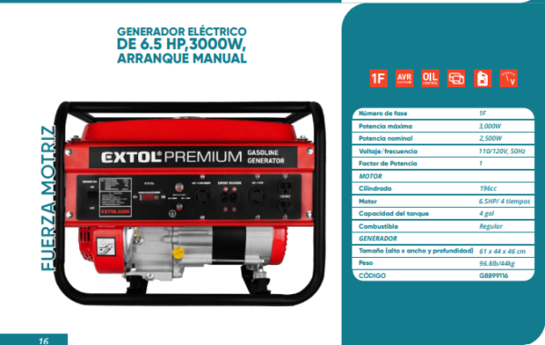 Generador eléctrico de 6.5, 3000W arranque manual