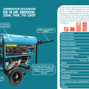 Generador-soldador de 15HP, 55000W, 220A, 110A,110, 220V