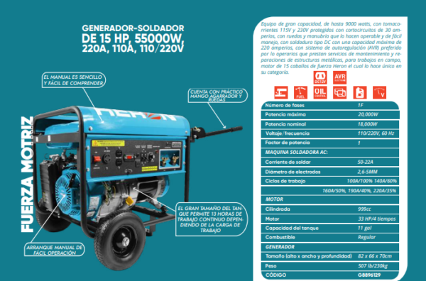 Generador-soldador de 15HP, 55000W, 220A, 110A,110, 220V
