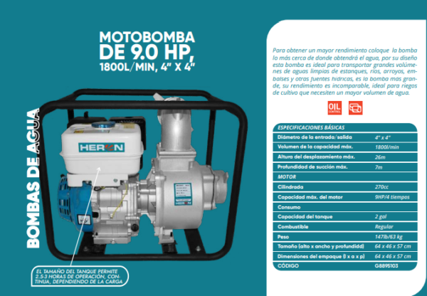 Motobomba de 9.0HP 1800L/Min, 4"x 4"