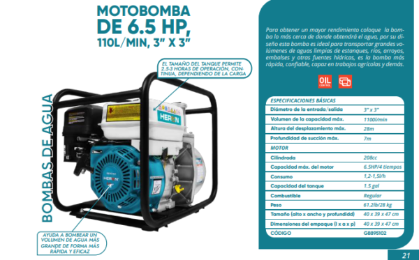 Motobomba de semisólidos de 6.5HP 110L/Min, 3"x 3"