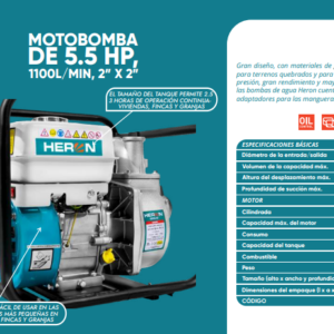 Motobomba de 5.5HP 1100L/Min, 2"x 2"