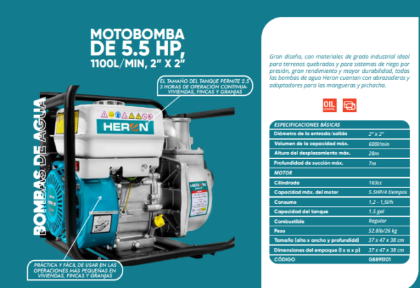 Motobomba de 5.5HP 1100L/Min, 2"x 2"