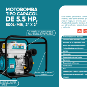 Motobomba tipo caracol de 5.5HP 500L/Min, 2"x 2"