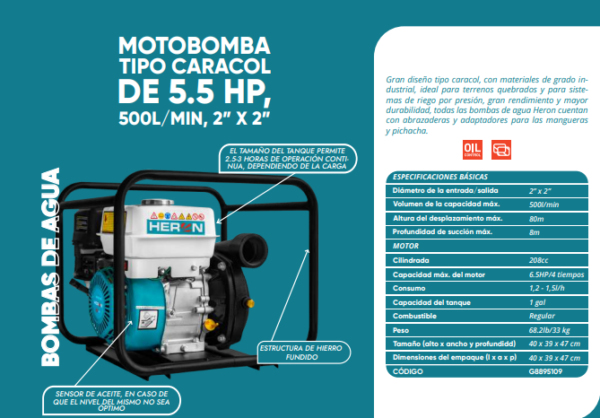 Motobomba tipo caracol de 5.5HP 500L/Min, 2"x 2"