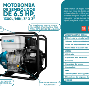 Motobomba de semisólidos de 6.5HP 1300L/Min, 3"x 3"