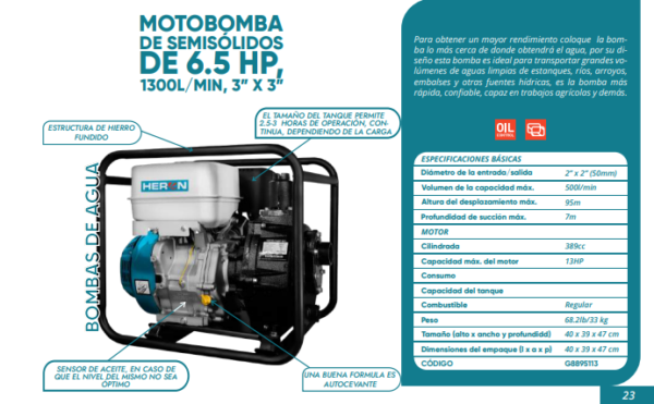 Motobomba de semisólidos de 6.5HP 1300L/Min, 3"x 3"