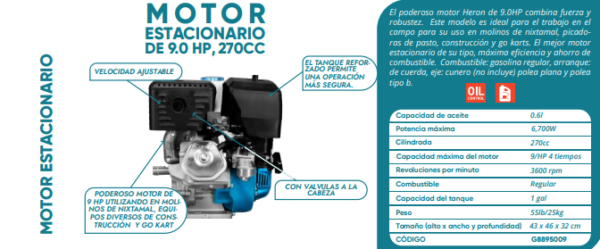 Motor estacionario de 9.0HP,  270CC