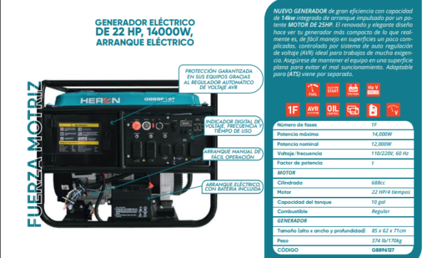 Generador eléctrico de 22HP,14000W Arranque eléctrico