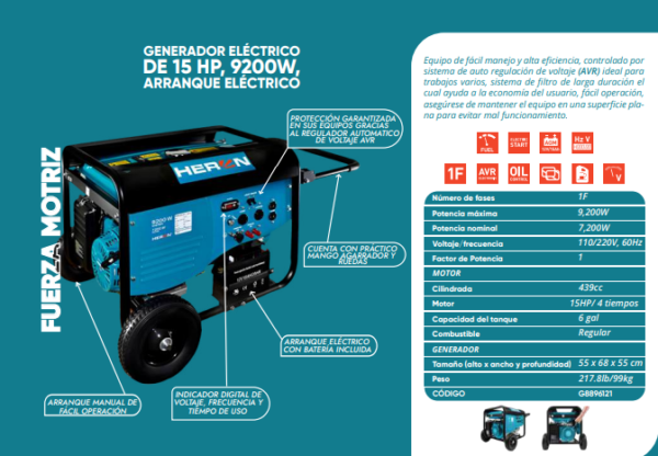 Generador eléctrico de 15HP,9200W Arranque eléctrico