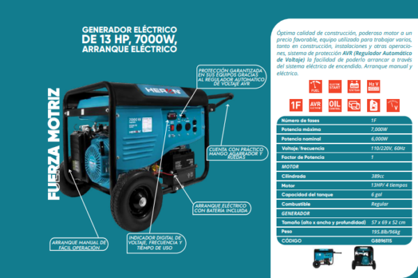 Generador eléctrico de 13HP,7000W Arranque eléctrico