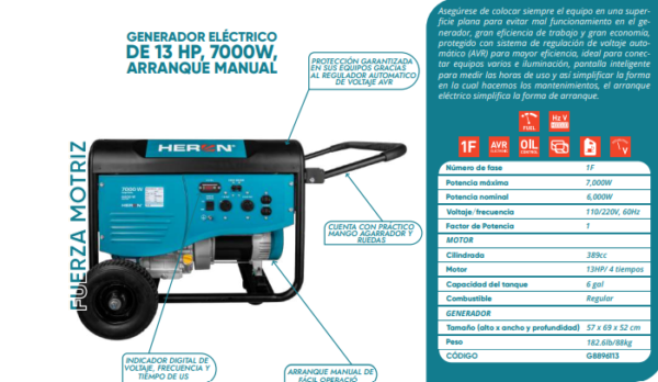 Generador eléctrico de 13HP,7000W Arranque manual