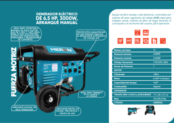 Generador eléctrico de 6.5HP,3000W Arranque manual